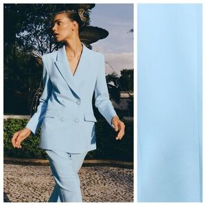 NWOT. Zara Light Blue Viscose Blend Double-Breasted Blazer. Size S.